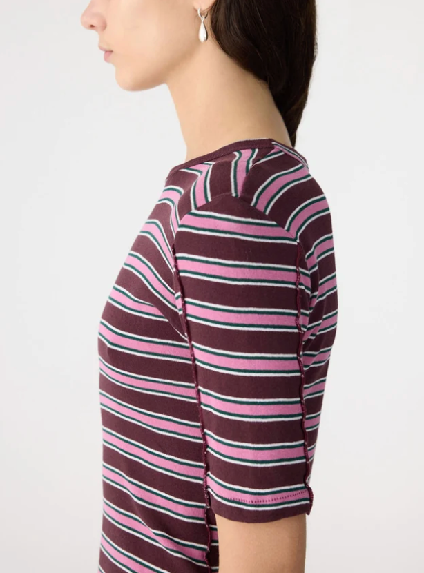 Bassike Retro Rib Stripe Mid Sleeve Top - Burgundy/White/Forest/Pink