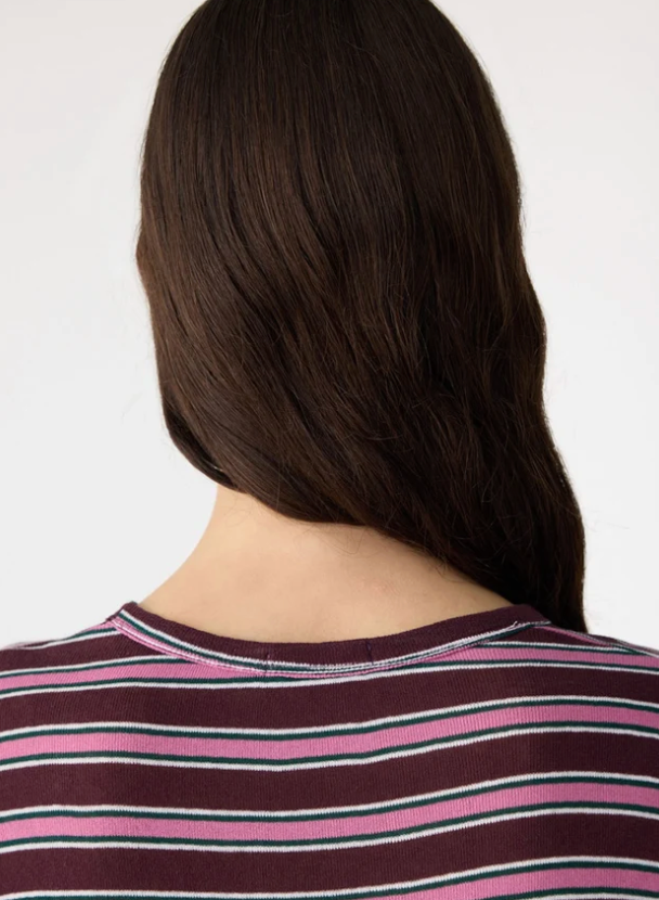 Bassike Retro Rib Stripe Mid Sleeve Top - Burgundy/White/Forest/Pink