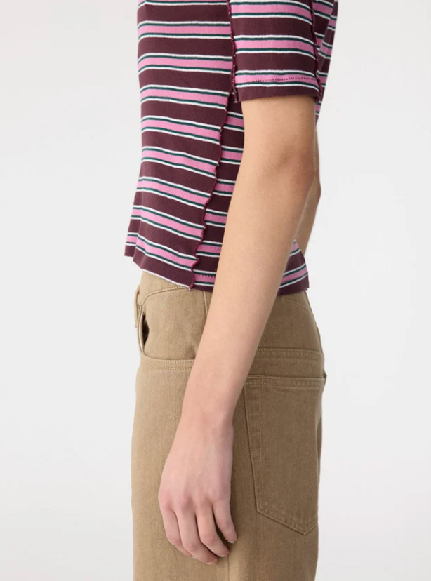 Bassike Retro Rib Stripe Mid Sleeve Top - Burgundy/White/Forest/Pink