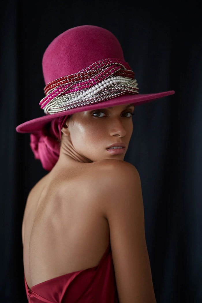 Handmade beaded crystals with polymer metal beads by object and dawn on pink hat