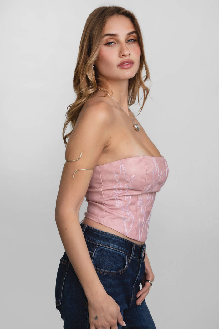 BECKEE  Vegan Leather Embroidered Western Corset Top