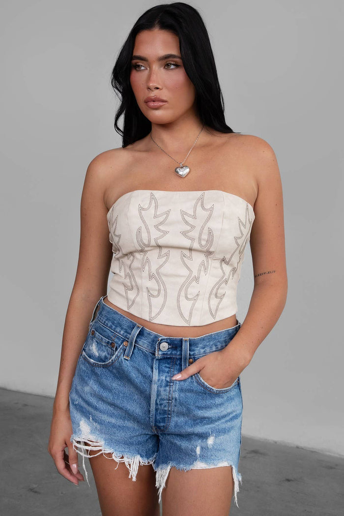 BECKEE  Vegan Leather Embroidered Western Corset Top