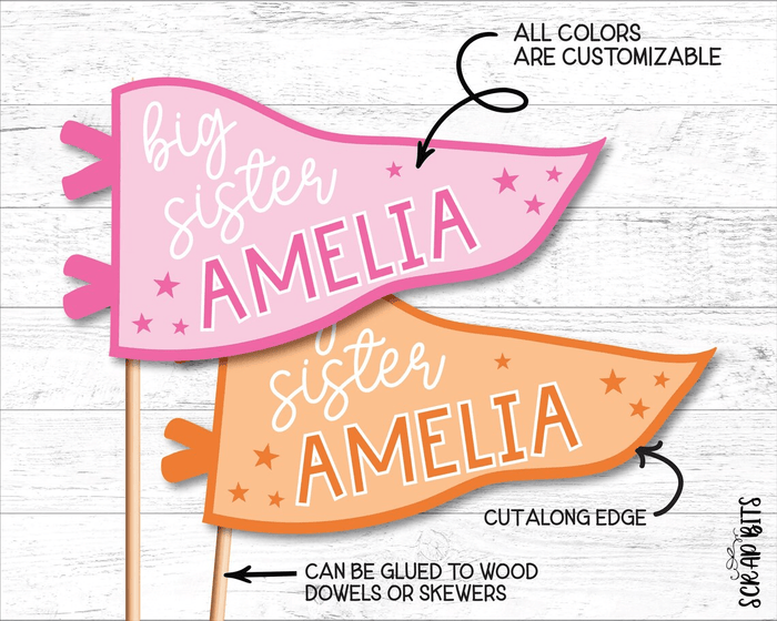 Big Sister Pennant Flag, Personalized Printable Party Decor or Photo Prop, Instant Access Template, EDITABLE Printable Digital Download - Scrap Bits