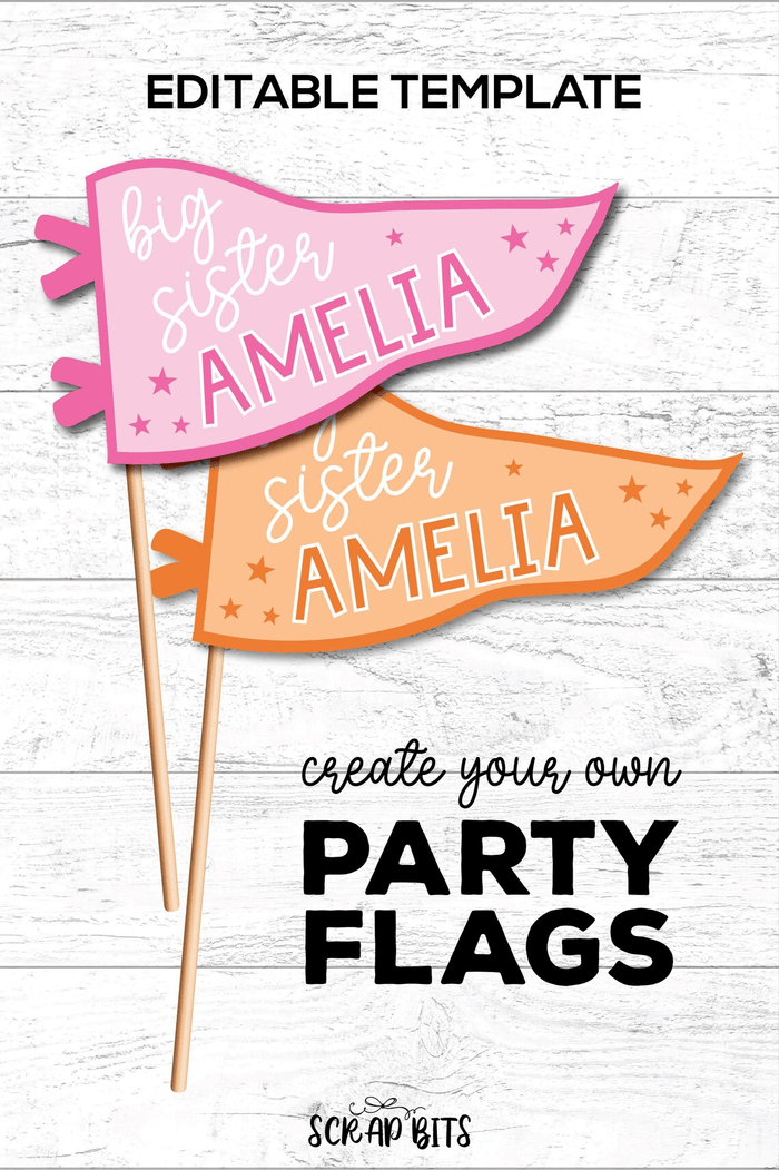 Big Sister Pennant Flag, Personalized Printable Party Decor or Photo Prop, Instant Access Template, EDITABLE Printable Digital Download - Scrap Bits
