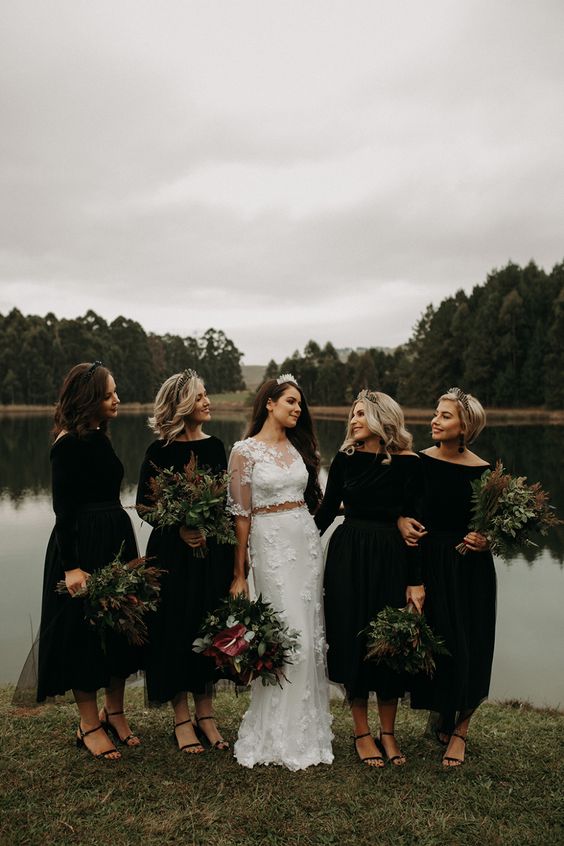 Black Bridesmaid Dress 2021 V-back Chiffon Tulle Midi Dress