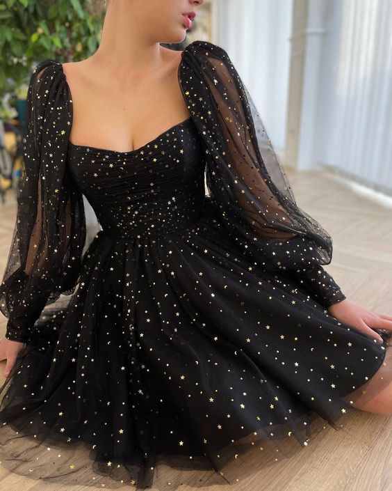 black homecoming dress 2022 Short Long Sleeves A line Tulle with Shine
