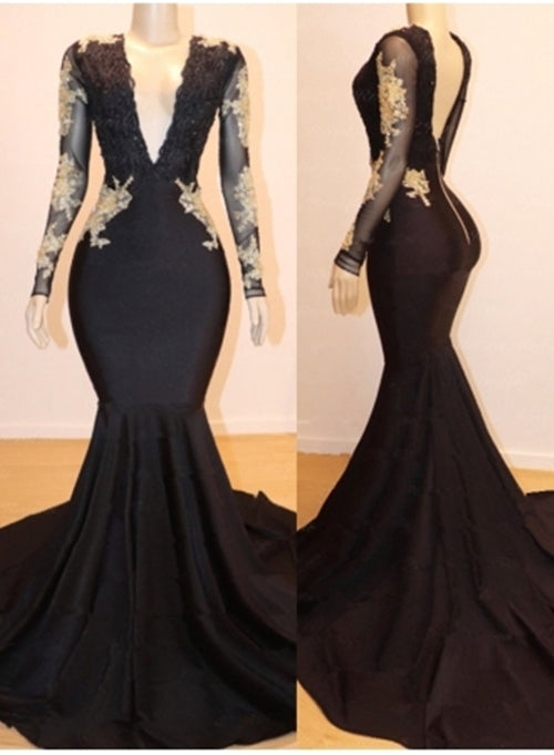 Black Prom Dress 2023 Mermaid/Trumpet V Neck Long Sleeves V Back Jersey with Appliques