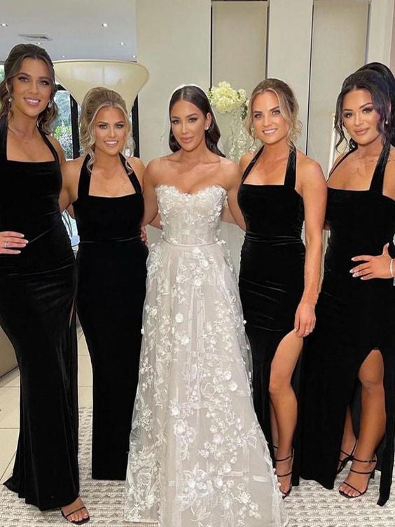 Black Velvet Bridesmaid Dress 2023 Halter Maxi Dress with Slit