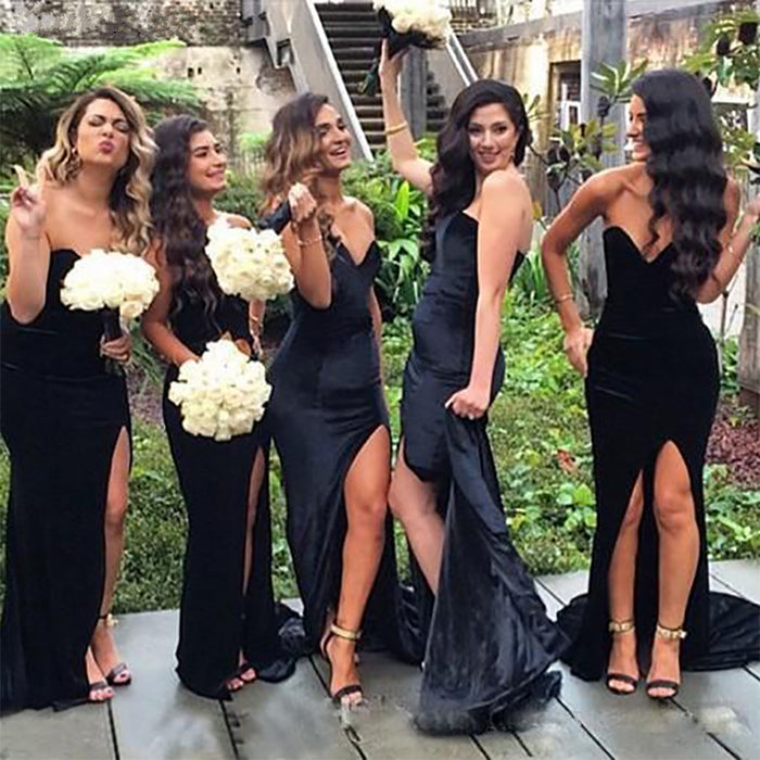 Black Velvet Bridesmaid Dress Mermaid with Slit