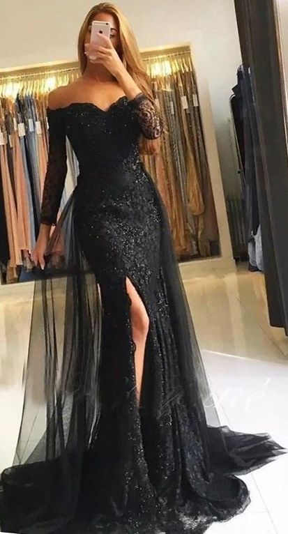 Black Wedding Dress Off the Shoulder Long Sleeves with Slit