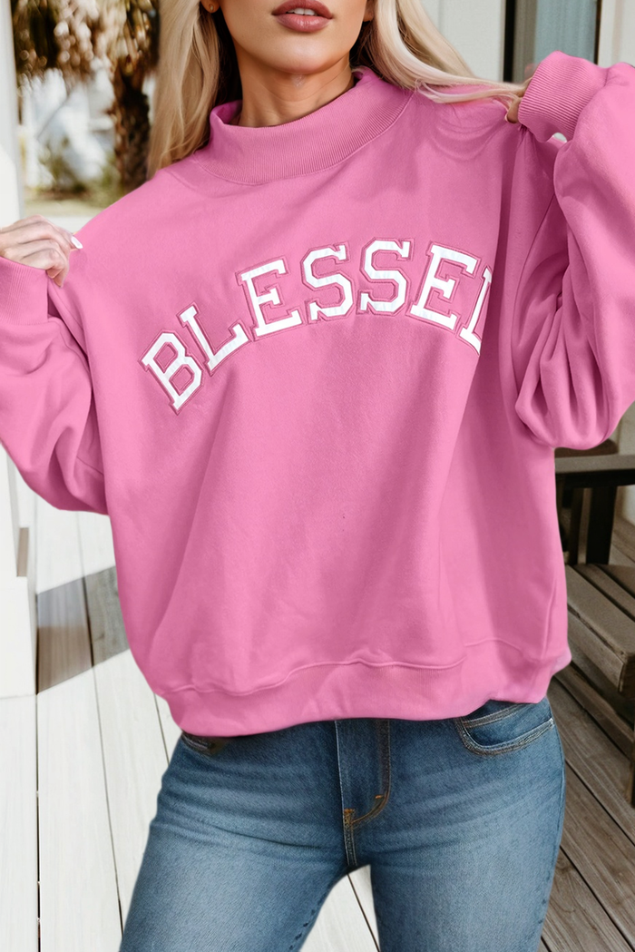 Blessed Embroidered Mock Neck Sweatshirt