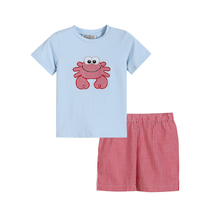 Blue Crab Shirt and Red Gingham Shorts Set - Lil Cactus