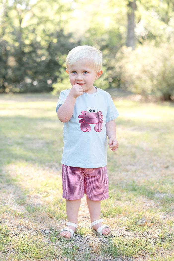Blue Crab Shirt and Red Gingham Shorts Set - Lil Cactus