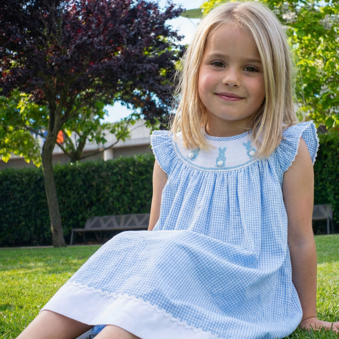Blue Gingham Easter Bunny Smocked Bishop Dress - Lil Cactus