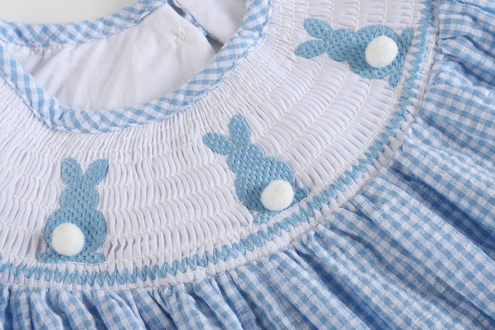 Blue Gingham Easter Bunny Smocked Bishop Dress - Lil Cactus