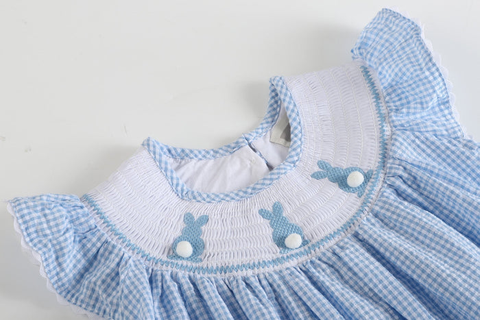 Blue Gingham Easter Bunny Smocked Bishop Dress - Lil Cactus