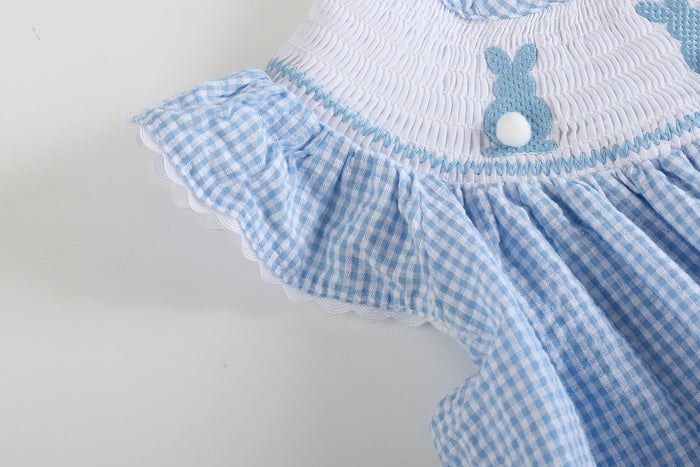 Blue Gingham Easter Bunny Smocked Bishop Dress - Lil Cactus
