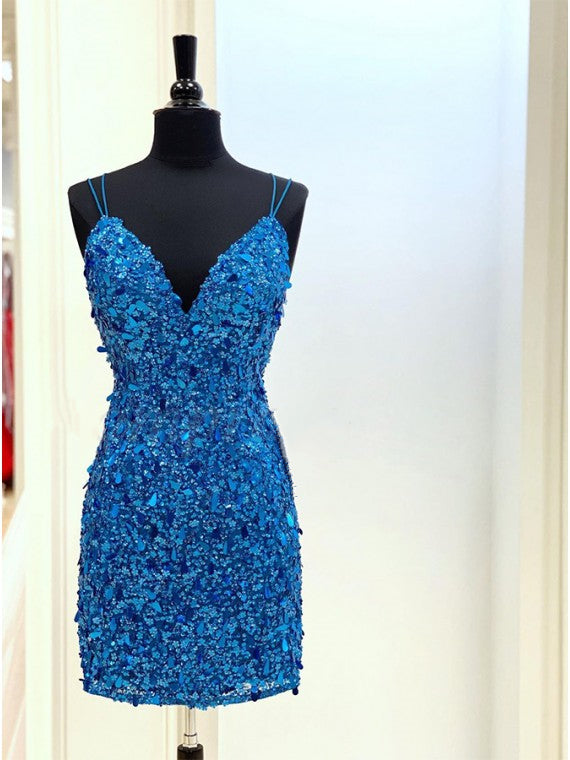 Blue Homecoming Dress 2022 Short Bodycon V Neck Spaghetti with Seqiun