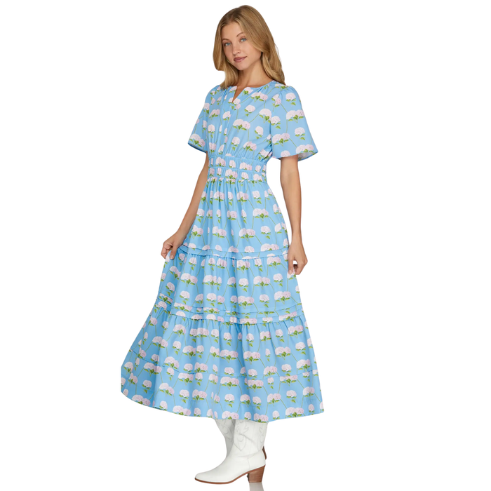 Blue Hydrangea Garden Midi Dress