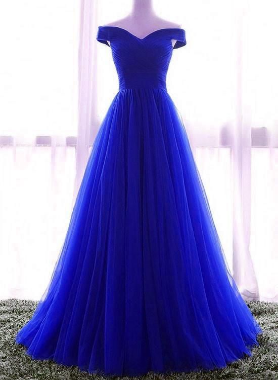 Blue Prom Dress 2022 Off the Shoulder Tulle Corset Back