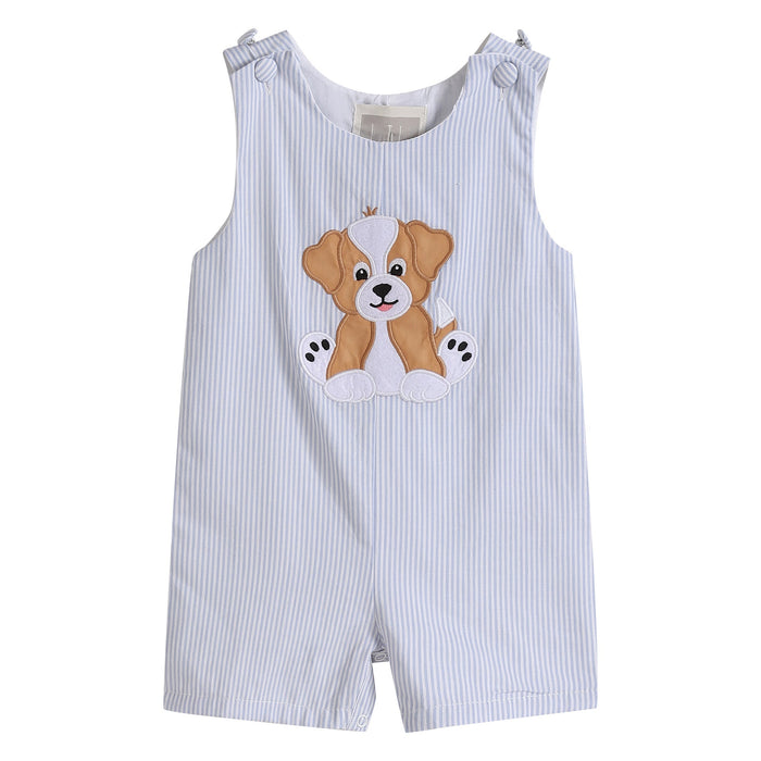 Blue Puppy Appliqué Seersucker Shortalls - Lil Cactus