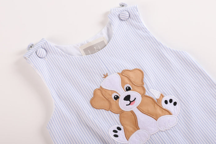 Blue Puppy Appliqué Seersucker Shortalls - Lil Cactus