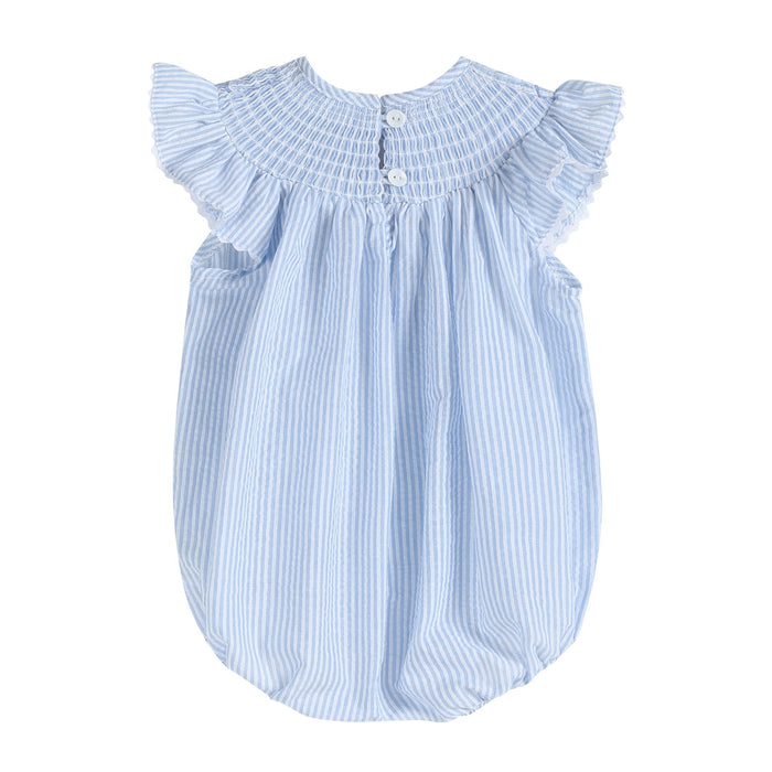 Blue Seersucker Bunny Smocked Flutter Romper - Lil Cactus