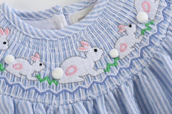 Blue Seersucker Bunny Smocked Flutter Romper - Lil Cactus