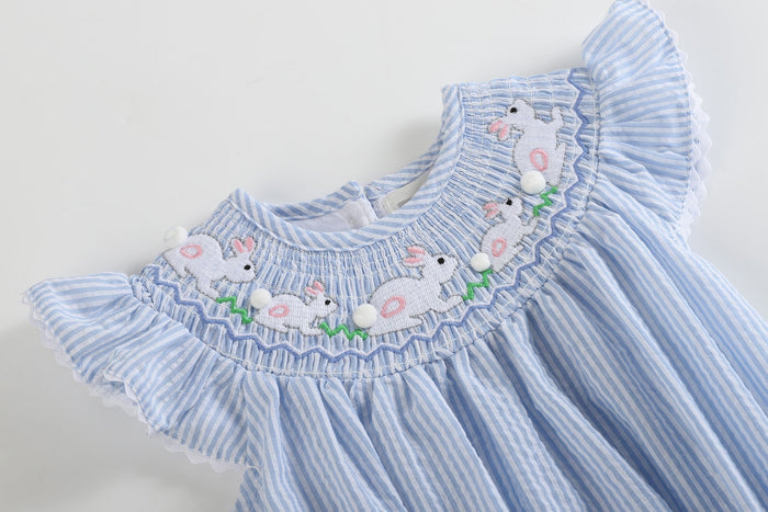 Blue Seersucker Bunny Smocked Flutter Romper - Lil Cactus
