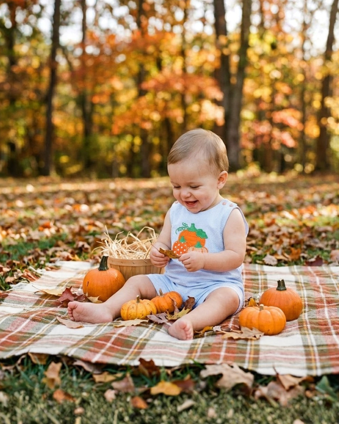 Blue Seersucker Pumpkin Shortalls - Lil Cactus