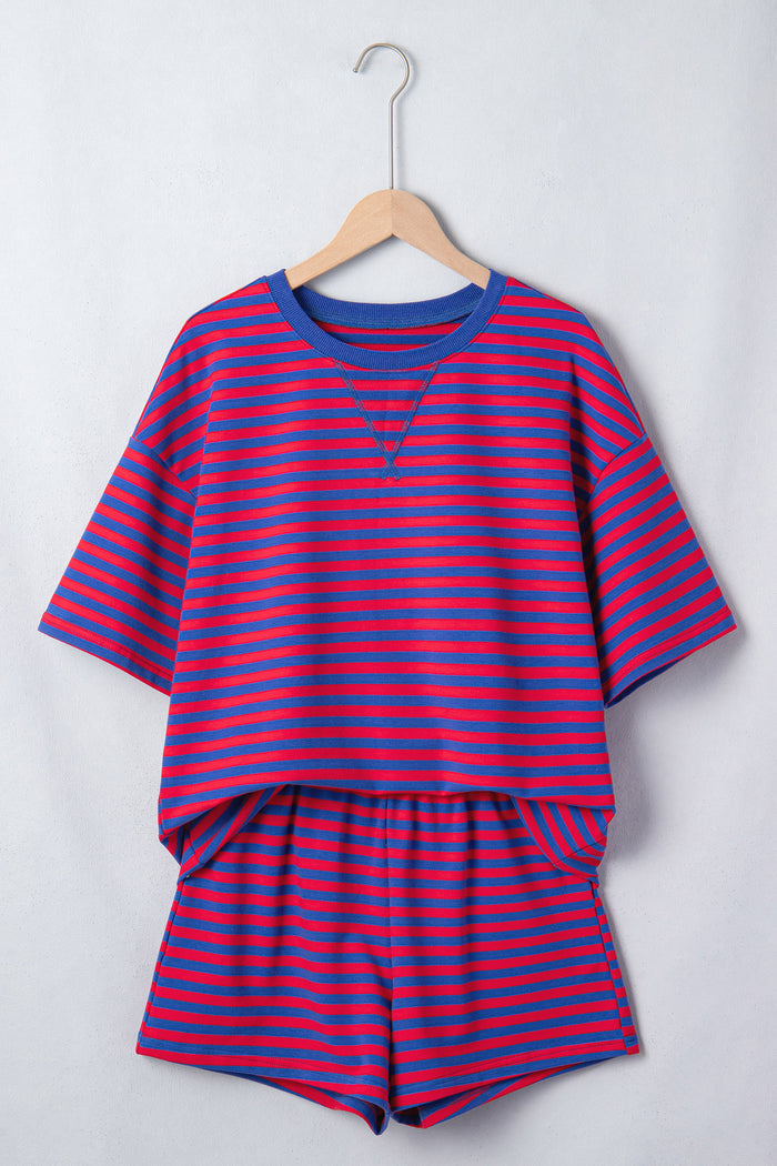 Blue Stripe Striped Ribbed Cotton Two-Piece Short Set with Chest Patch Detail