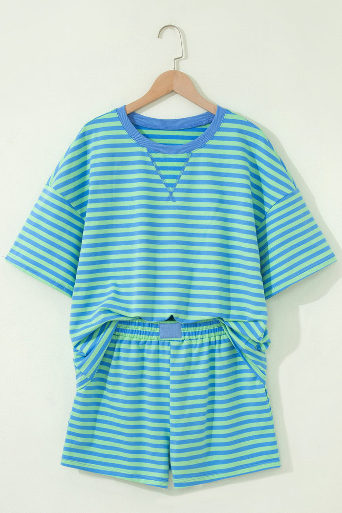 Blue Stripe Striped Ribbed Cotton Two-Piece Short Set with Chest Patch Detail