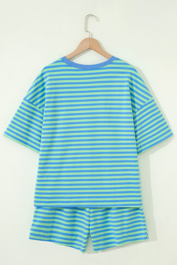 Blue Stripe Striped Ribbed Cotton Two-Piece Short Set with Chest Patch Detail