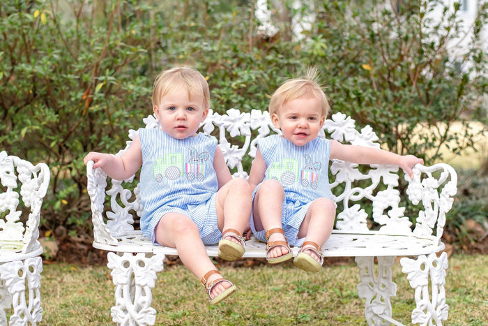 Blue Striped Bunny Train Shortalls - Lil Cactus