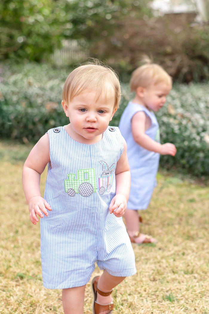 Blue Striped Bunny Train Shortalls - Lil Cactus