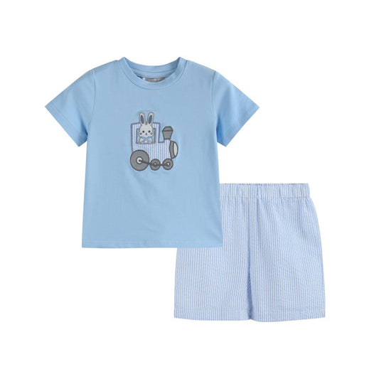 Blue Easter Train T-Shirt and Seersucker Shorts Set - Lil Cactus