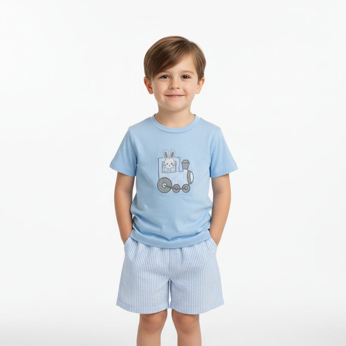 Blue Easter Train T-Shirt and Seersucker Shorts Set - Lil Cactus