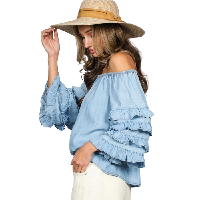 Blueberry Ruffle Sleeve Chambray Top