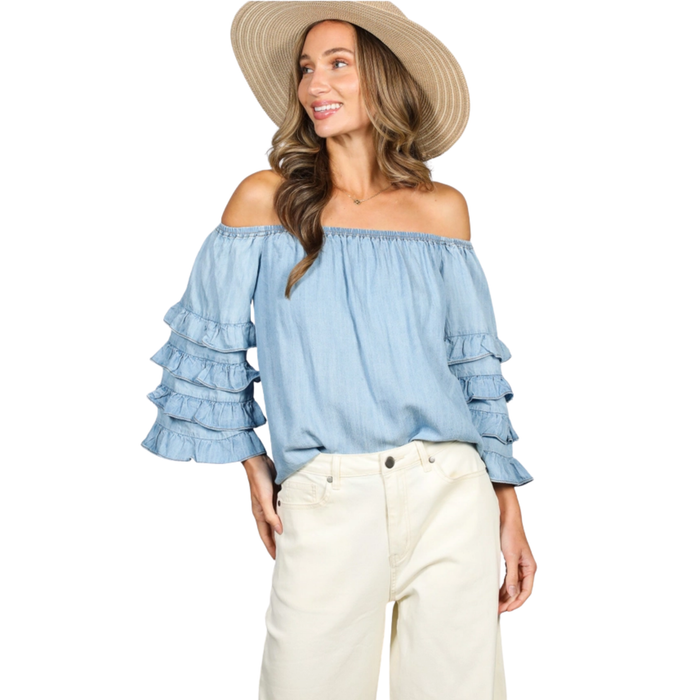 Blueberry Ruffle Sleeve Chambray Top