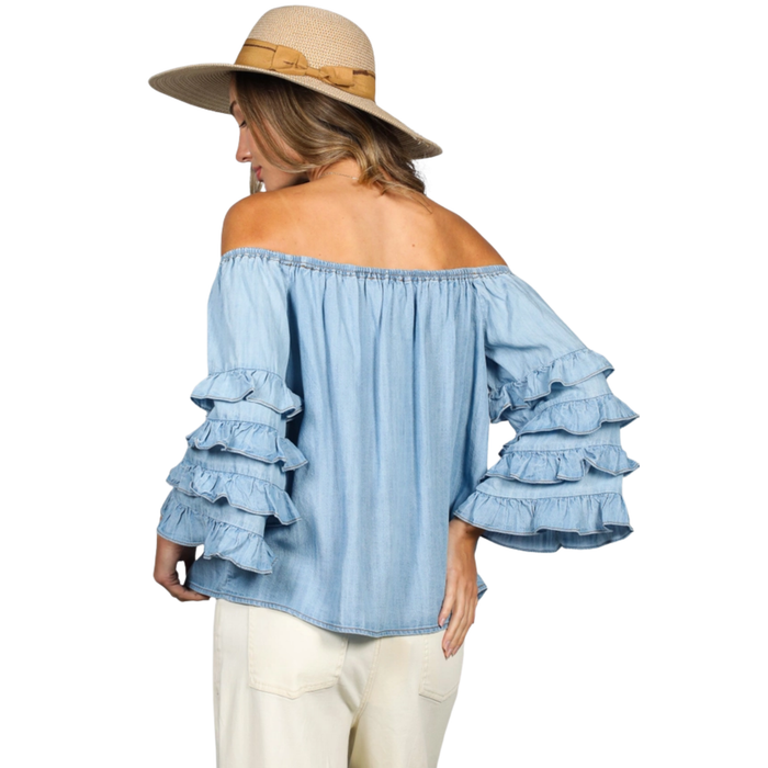 Blueberry Ruffle Sleeve Chambray Top