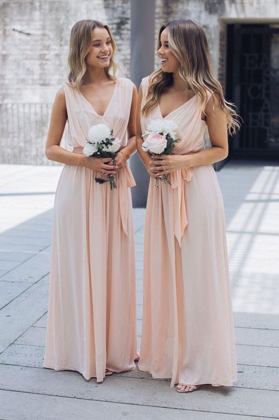 Blush Bridesmaid Dress 2021 V-neck Chiffon Maxi Dress