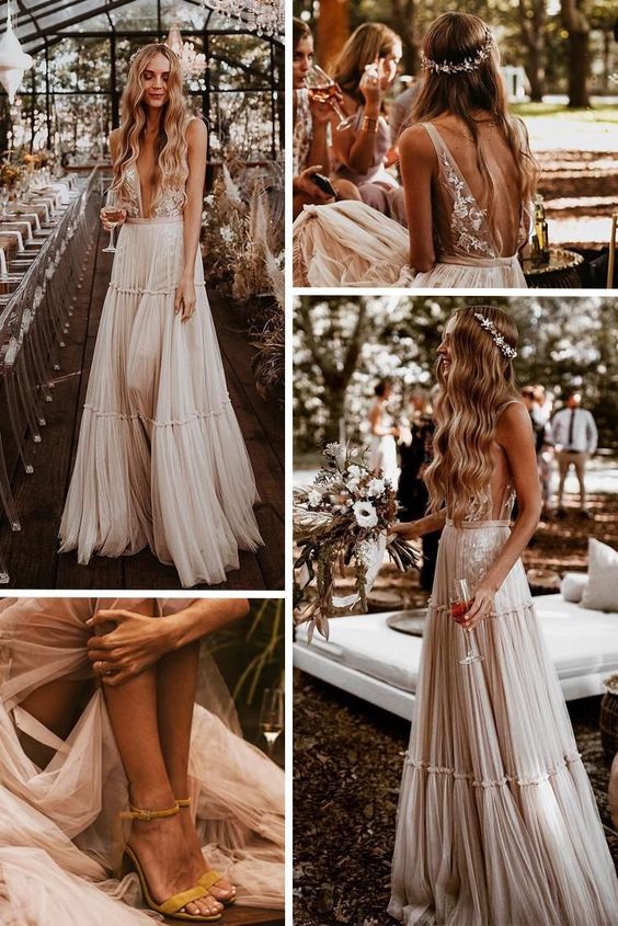 Boho Wedding Dress Champagne Lace Tulle