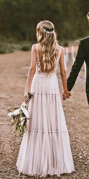 Boho Wedding Dress Champagne Lace Tulle