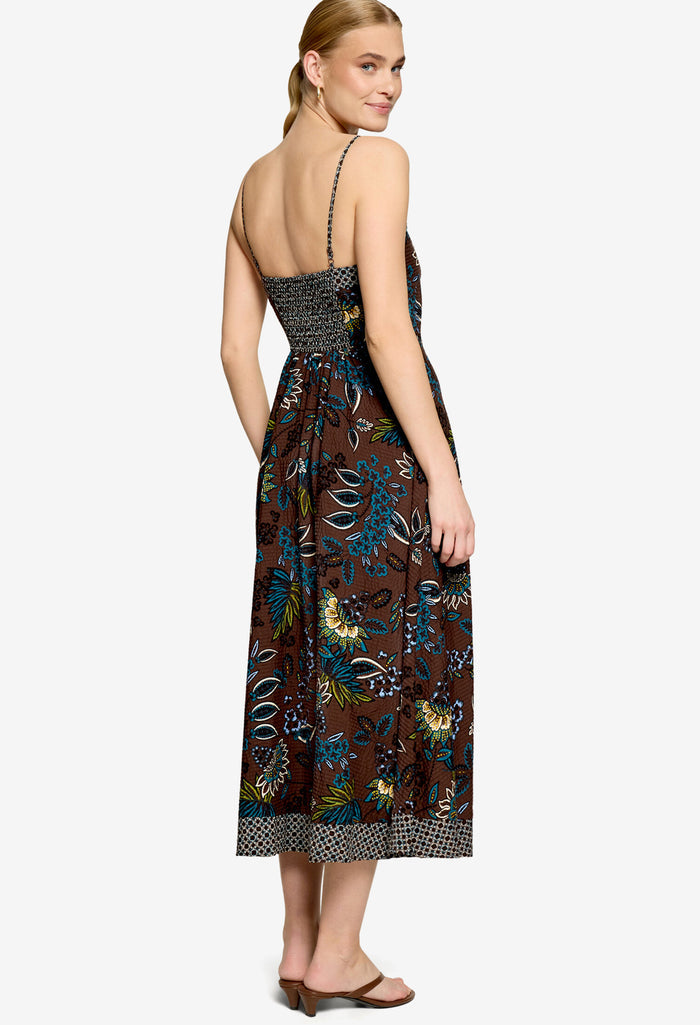 Bordered Floral Print Midi Dress