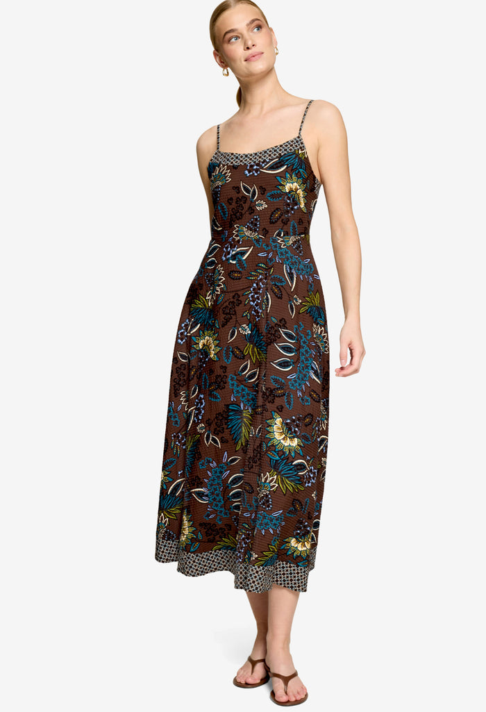 Bordered Floral Print Midi Dress