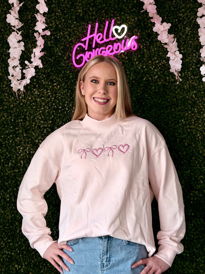 Bow Heart Embroidered Mock Neck Sweatshirt