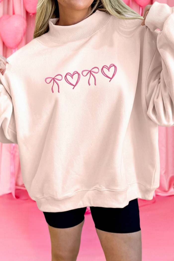 Bow Heart Embroidered Mock Neck Sweatshirt