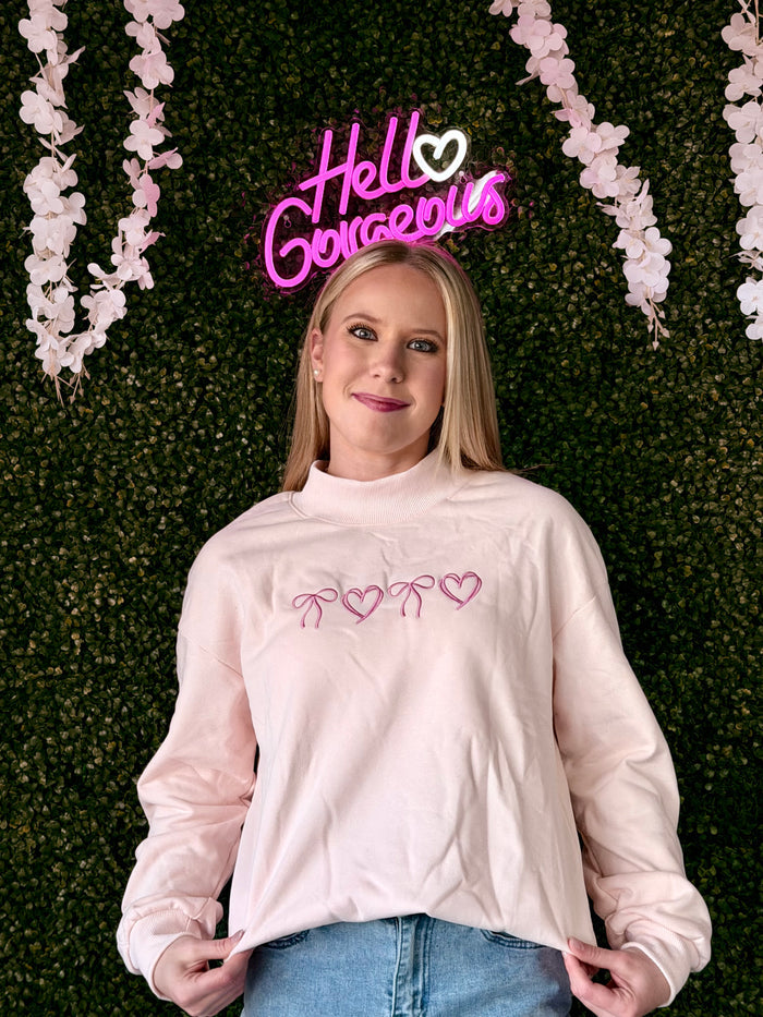 Bow Heart Embroidered Mock Neck Sweatshirt