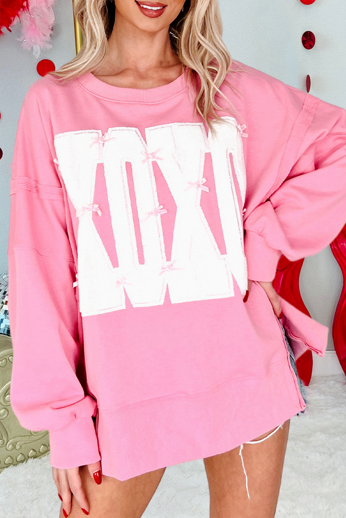 Bow Sequin XOXO Graphic Exposed Seam Baggy Sweatshirt