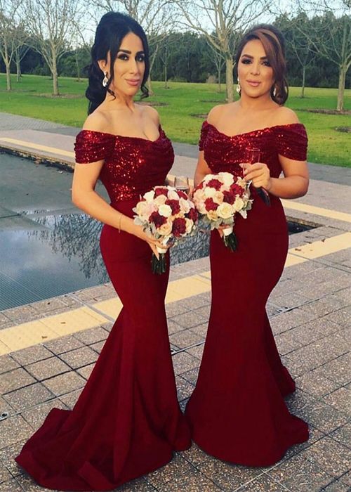 Burgundy Bridesmaid Dress 2021 Off the Shoulder Sequin Satin Maxi Dress Mermaid